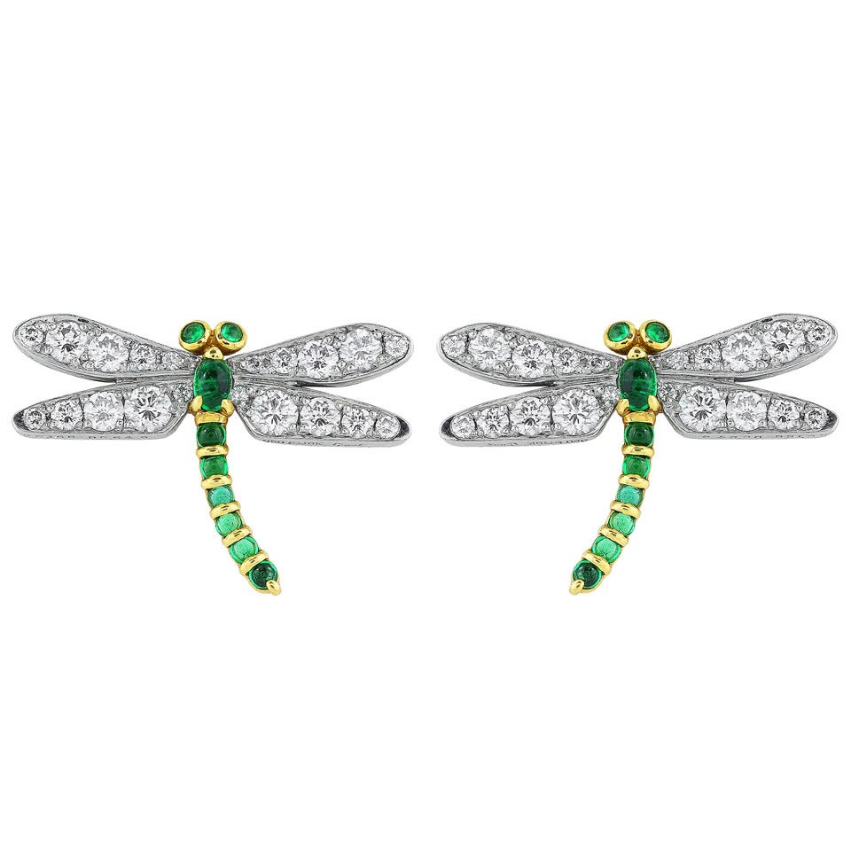 Emerald Diamond Gold Platinum Dragonfly Earrings At 1stdibs Emerald Diamond Gold Platinum Dragonfly Earrings For