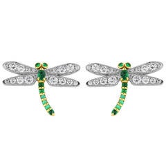 Emerald Diamond Gold Platinum Dragonfly Earrings