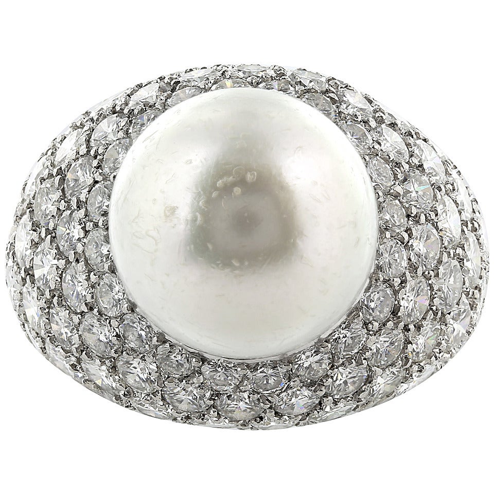 Van Cleef & Arpels Pearl Diamond Pave Platinum Ring For Sale