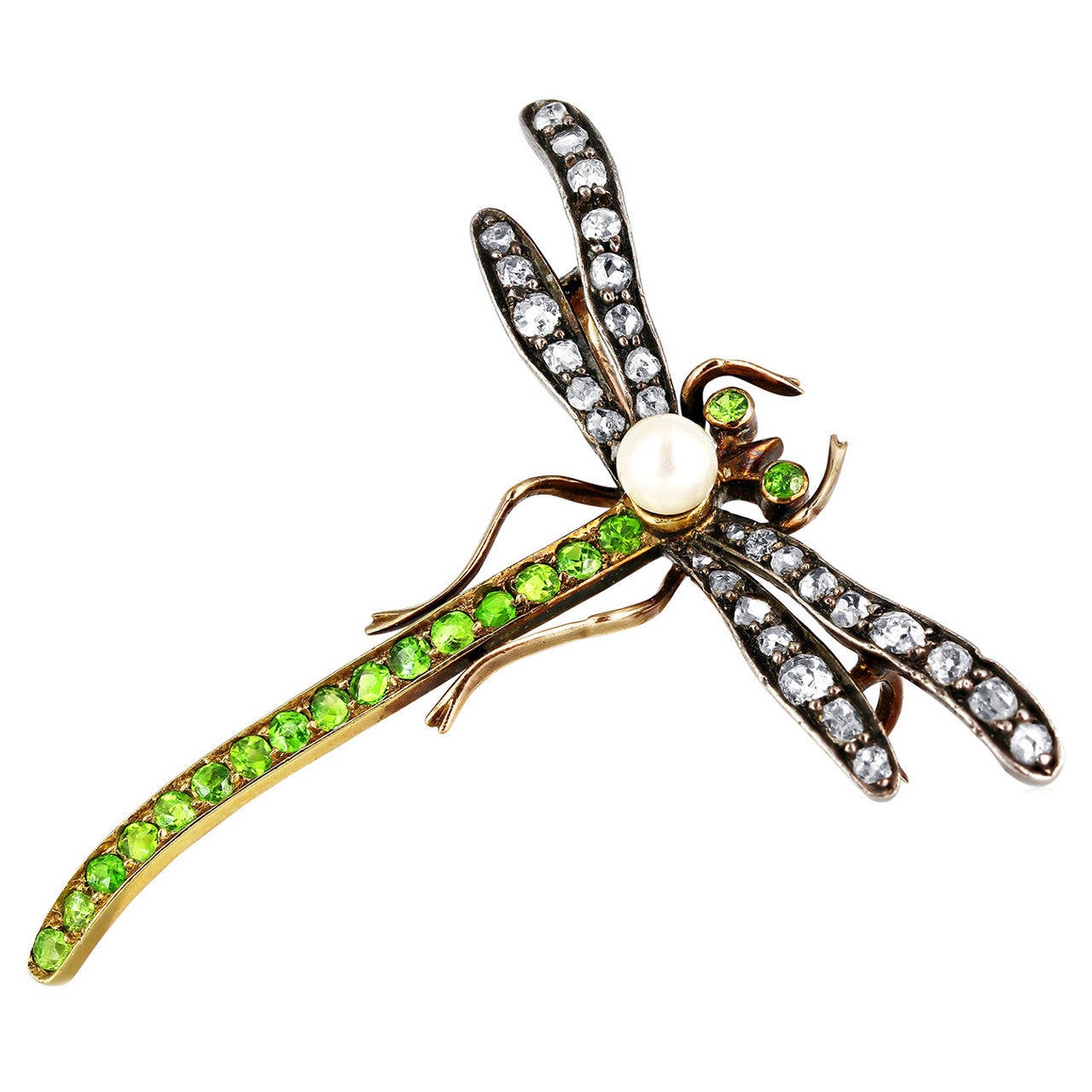 Art Nouveau Demantoid Garnet Diamond Gold Dragonfly Brooch For Sale