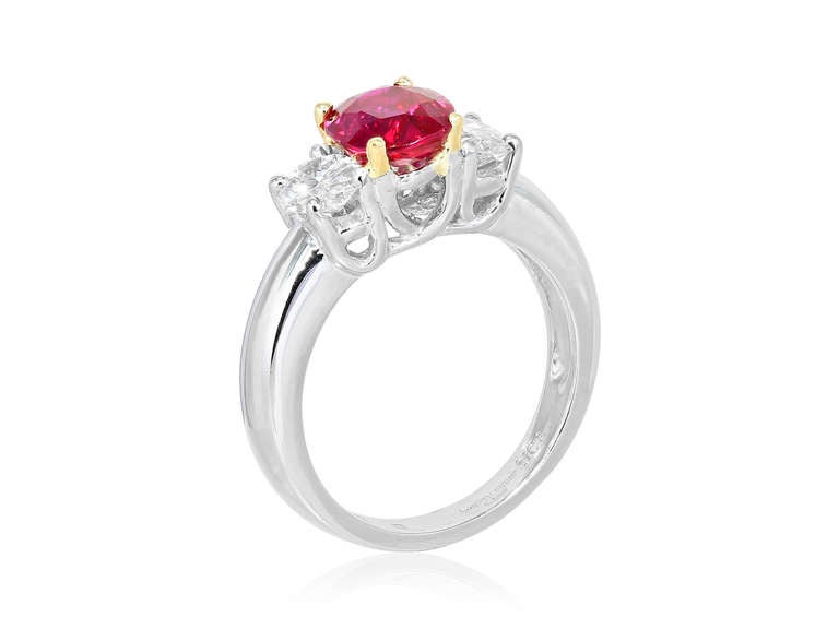 Modern 1.84 Carat Natural Oval Burma Ruby Three Stone Ring For Sale