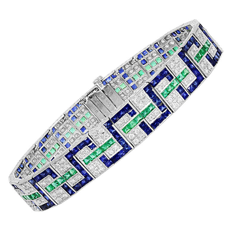 Diamond Sapphire & Emerald Geometric Art Deco Style Bracelet For Sale