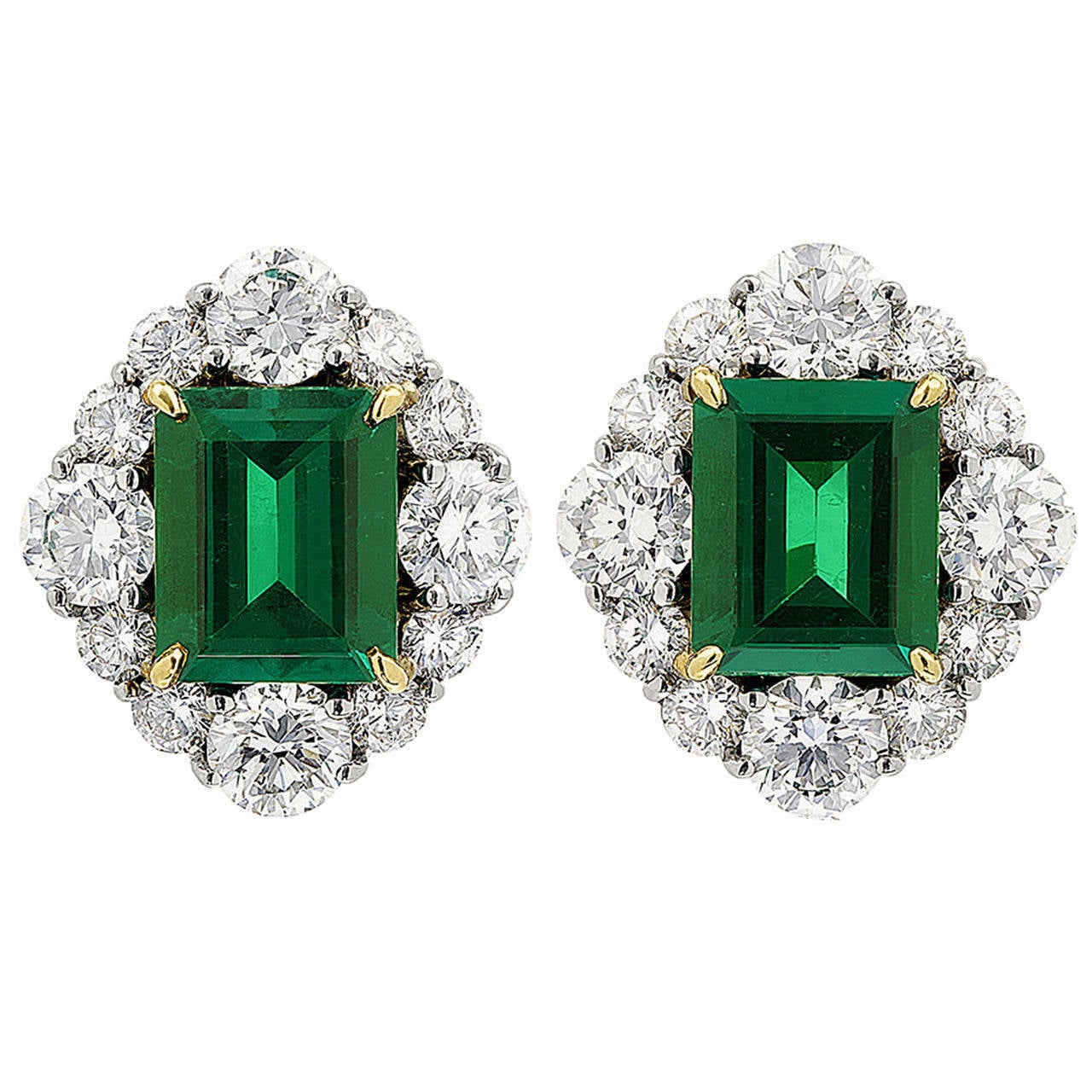 Colombian Emerald Diamond Gold Platinum Earrings For Sale