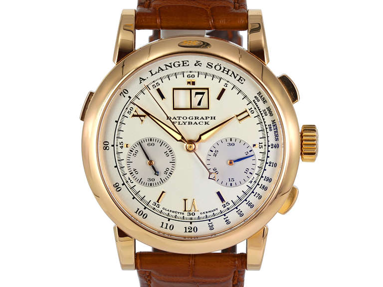 A. Lange & Sohne 18k rose gold Datograph Flyback chronograph with date, Ref. 403.032, with exhibition case back and column wheel movement. Silvered dial with luminescent hands and hour markers. 39mm case.