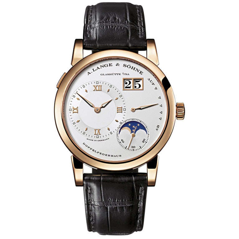 A. Lange & Sohne 18k rose gold Lange 1 Moonphase wristwatch, 38.5mm x 10.4mm, Ref. 109.032, with calibre L901.5 manual-wind movement, moonphase, 72-hour power reserve and oversized date. Silvered dial, sapphire crystal case back, hand stitched