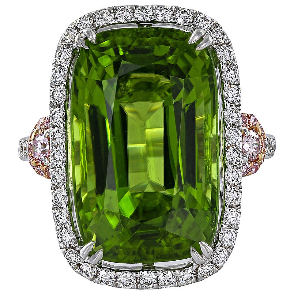 14.63 Carat Cushion Cut Peridot Pink White Diamond Ring For Sale