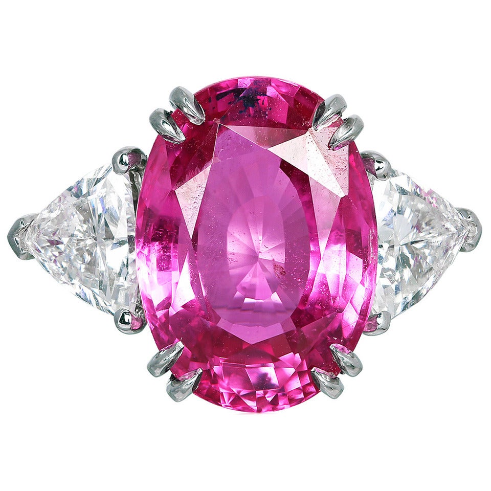 10.01 Carat Pink Sapphire Diamond Platinum Three Stone Ring