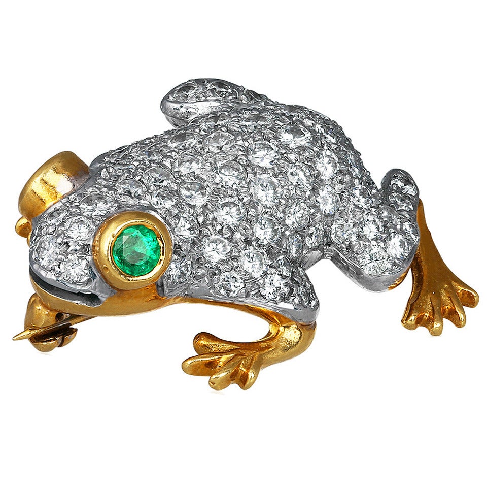 Emerald Diamond Gold Frog Brooch For Sale