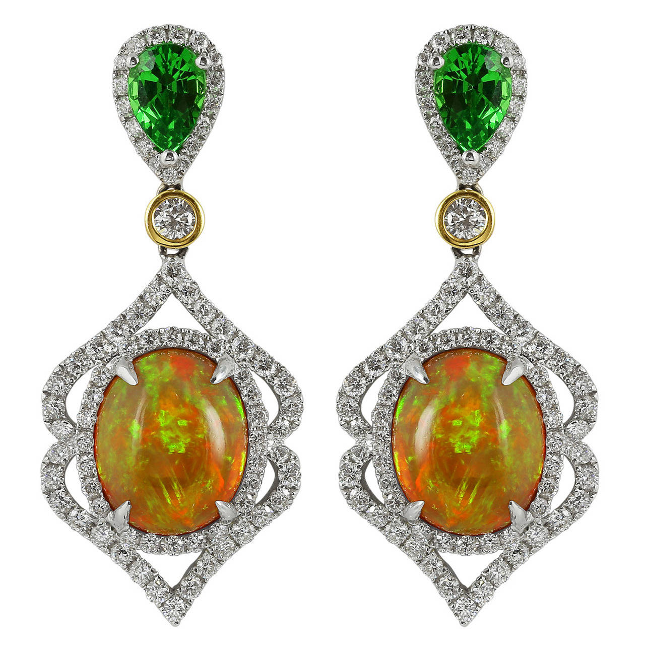 Opal Tsavorite Garnet Diamond Gold Drop Earrings For Sale