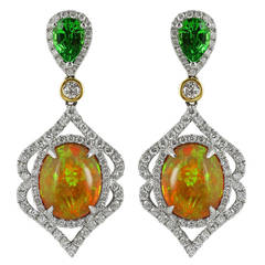 Opal Tsavorite Garnet Diamond Gold Drop Earrings