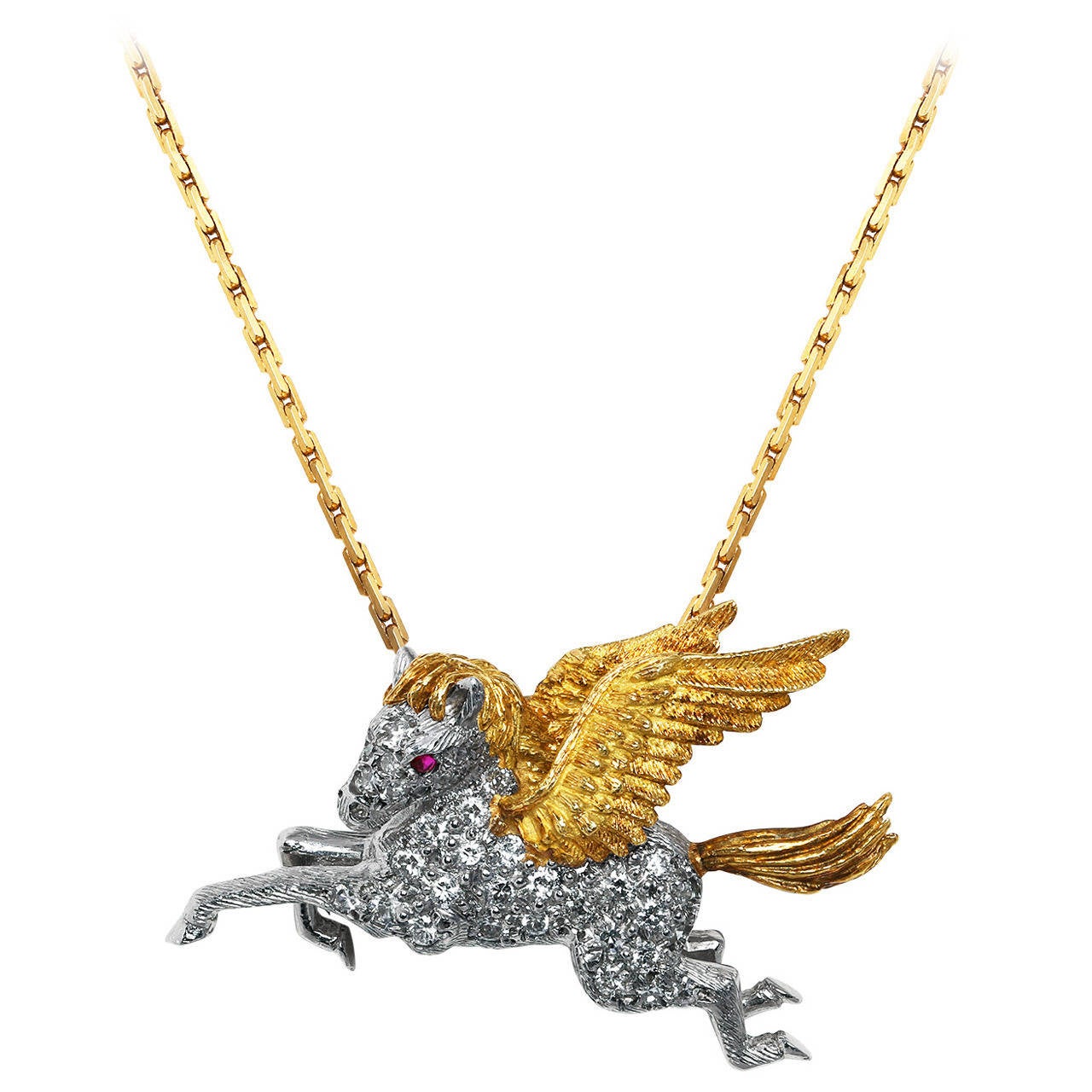 McTeigue Ruby Diamond Gold Platinum Pegasus Necklace