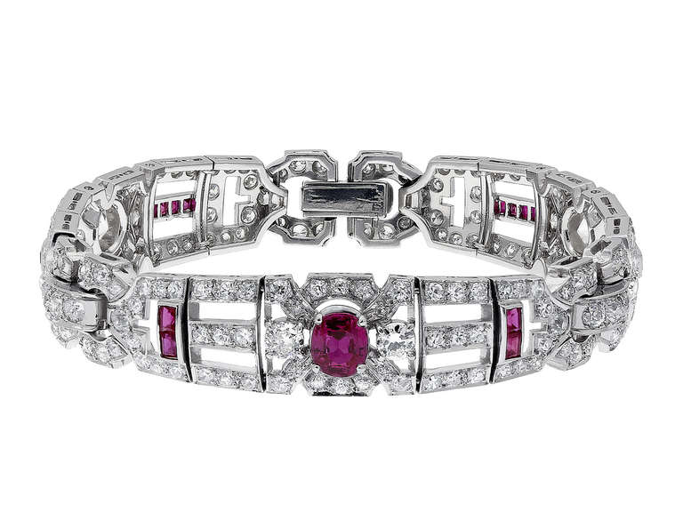 Platinum Art Deco bracelet consisting of approximately 11.00 carats of single cut and old European cut diamonds set with approximately 1.01ct natural unheated Burma rubies and approximately 0.75 carats of calibrated of rubies.