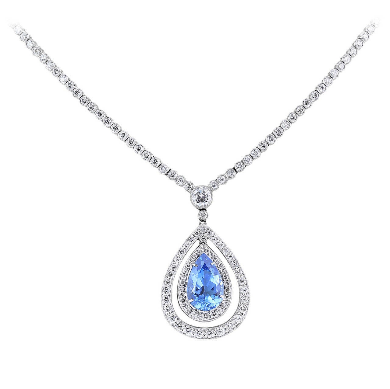 Aquamarine Diamond Platinum Drop Necklace