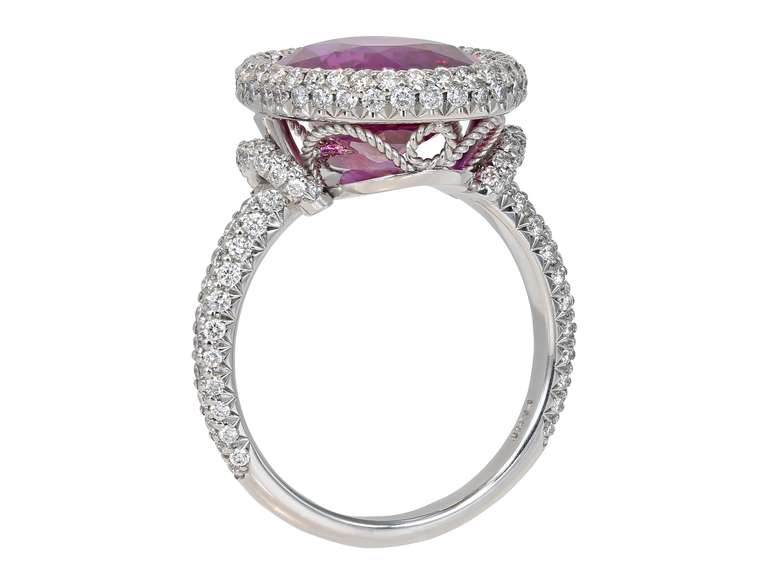 6.47 Carat Oval Pink Sapphire Diamond Platinum Ring In New Condition In Chestnut Hill, MA