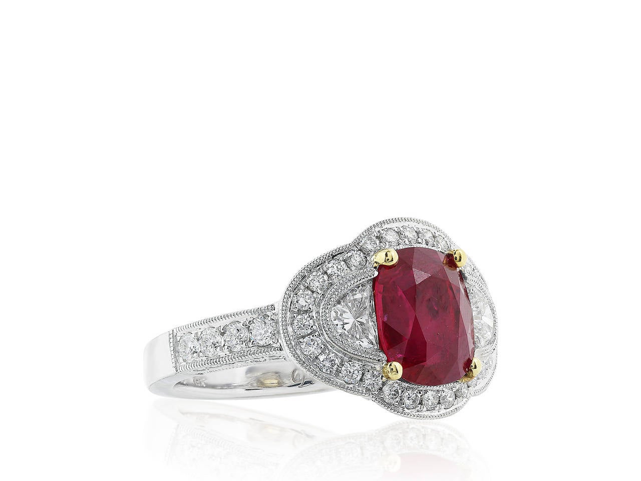 Contemporary 2.55 Carat Ruby Diamond Gold Three-Stone Ring For Sale