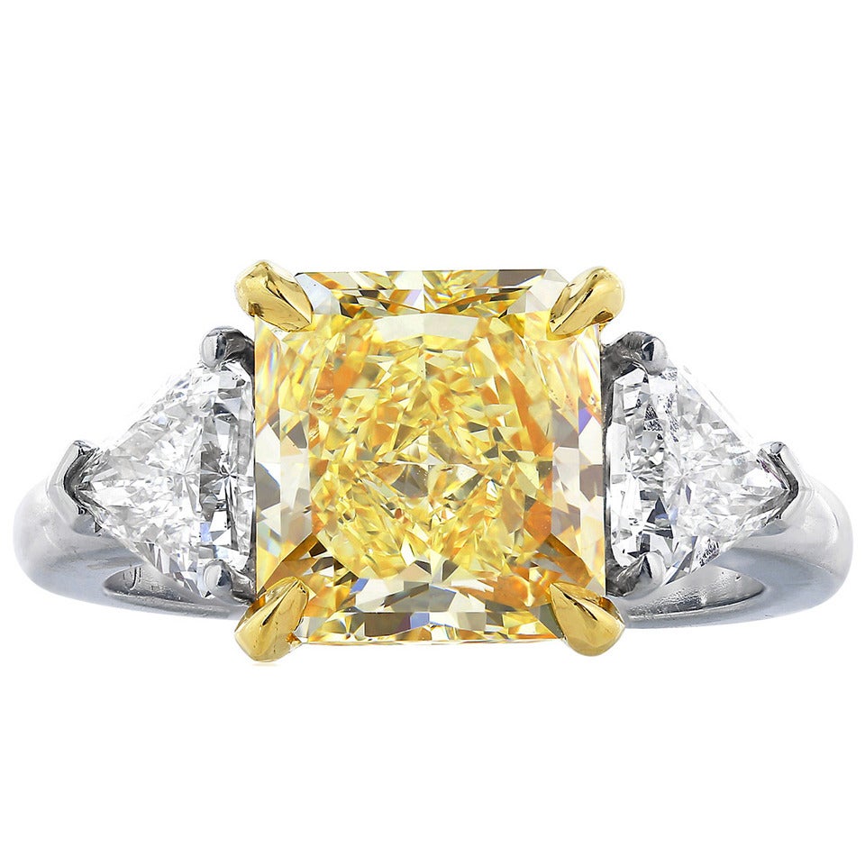 3.64 Carat Fancy Yellow Diamond Ring For Sale