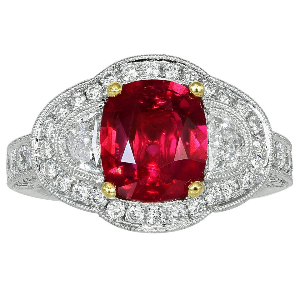 2.55 Carat Ruby Diamond Gold Three-Stone Ring For Sale