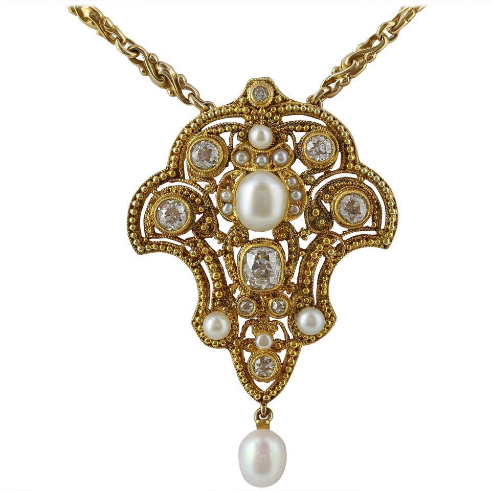 Art Nouveau Pearl Diamond Gold Open Work Pendant For Sale