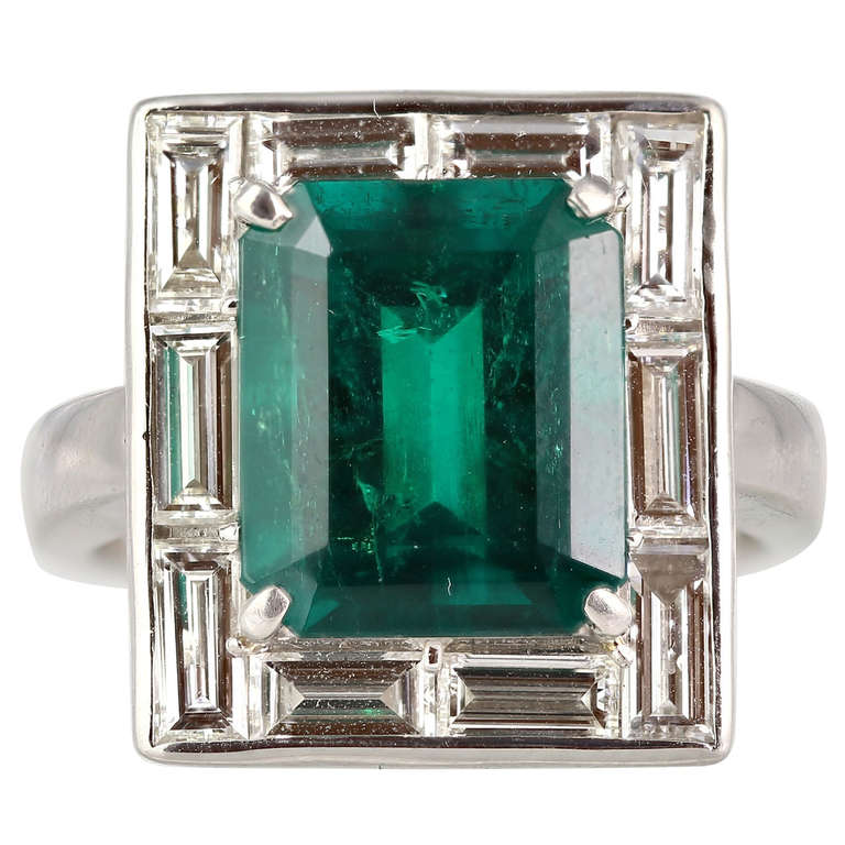6.25 Carat Emerald Cut Emerald and Diamond  Platinum Ring