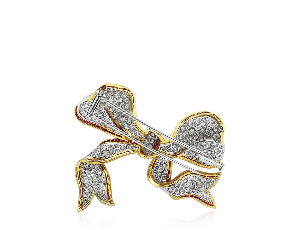 Contemporary Ruby Diamond Gold Bow Brooch For Sale