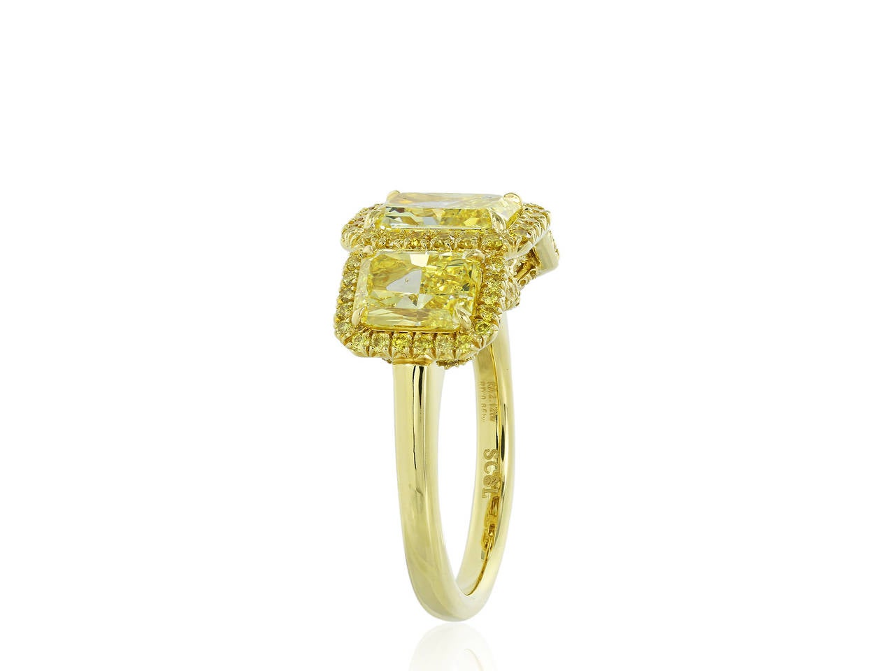 Contemporary Fancy Intense GIA Certified Yellow Diamond Gold Three-Stone Engagement Ring For Sale