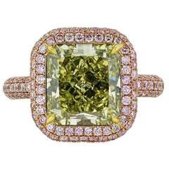 7.08 Carat Green Yellow and Pink Diamond Gold Ring