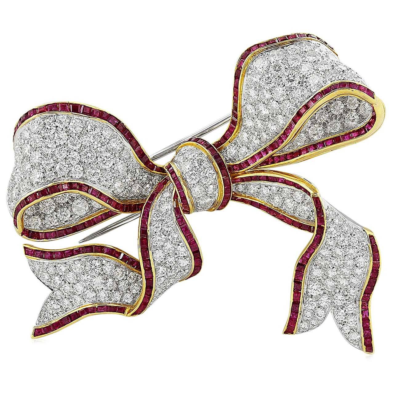 Ruby Diamond Gold Bow Brooch For Sale