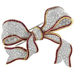 Ruby Diamond Gold Bow Brooch