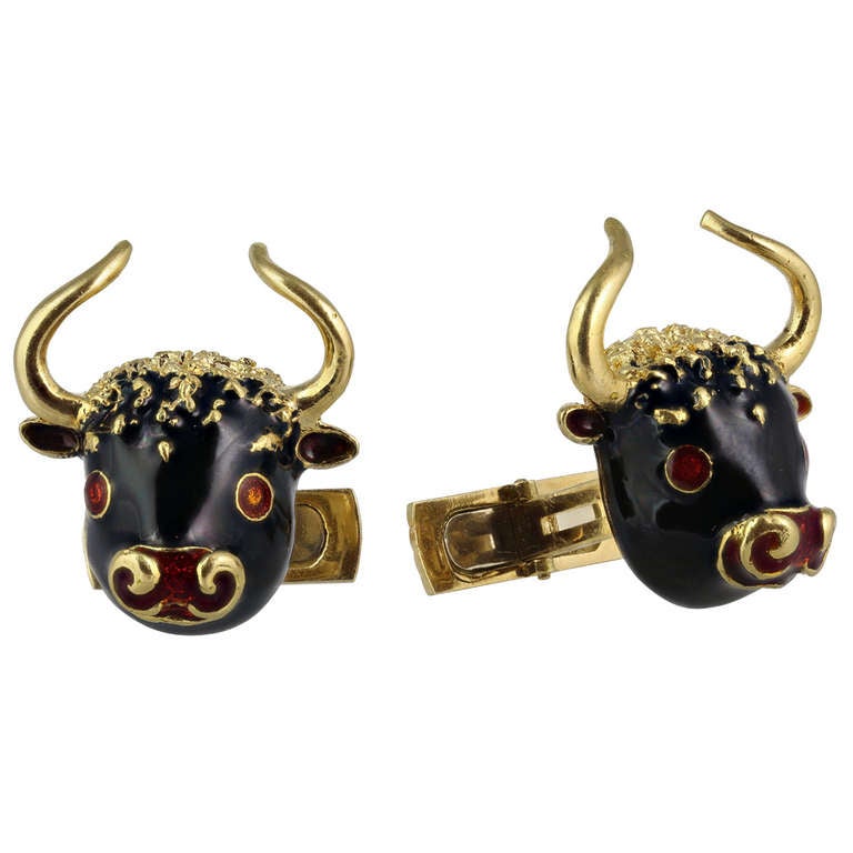 Frescarolo Enamel Gold Bull Cufflinks For Sale