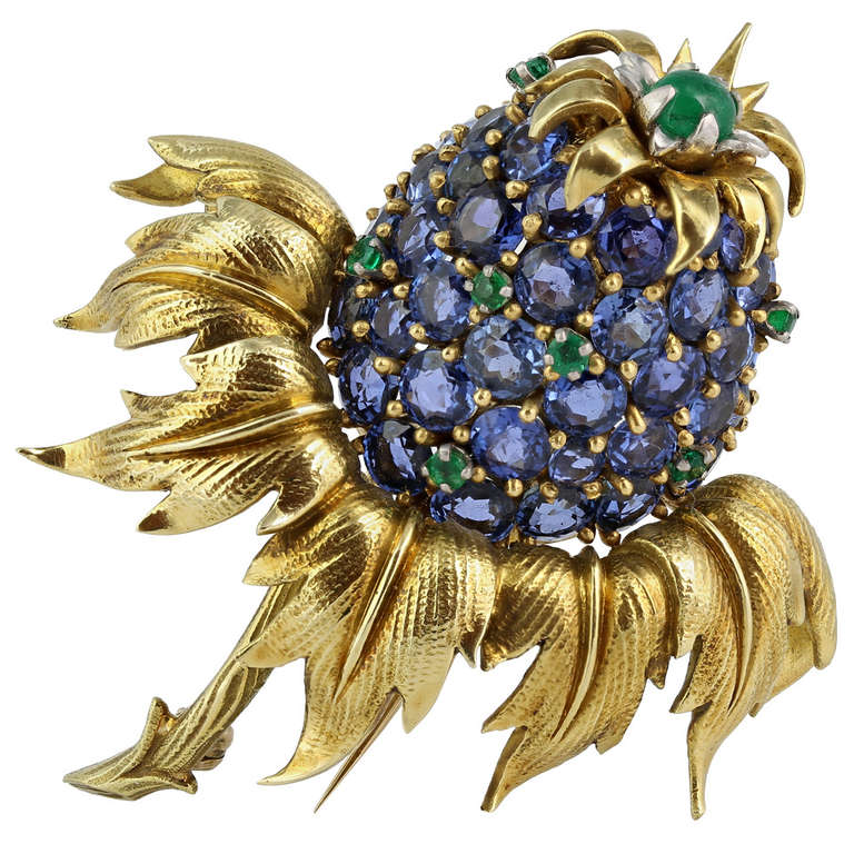 Schlumberger Blue Sapphire Thistle Pin For Sale