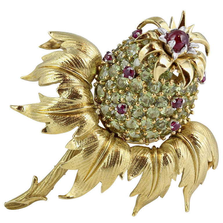 Tiffany & Co. Schlumberger Peridot and Ruby Thistle Brooch For Sale