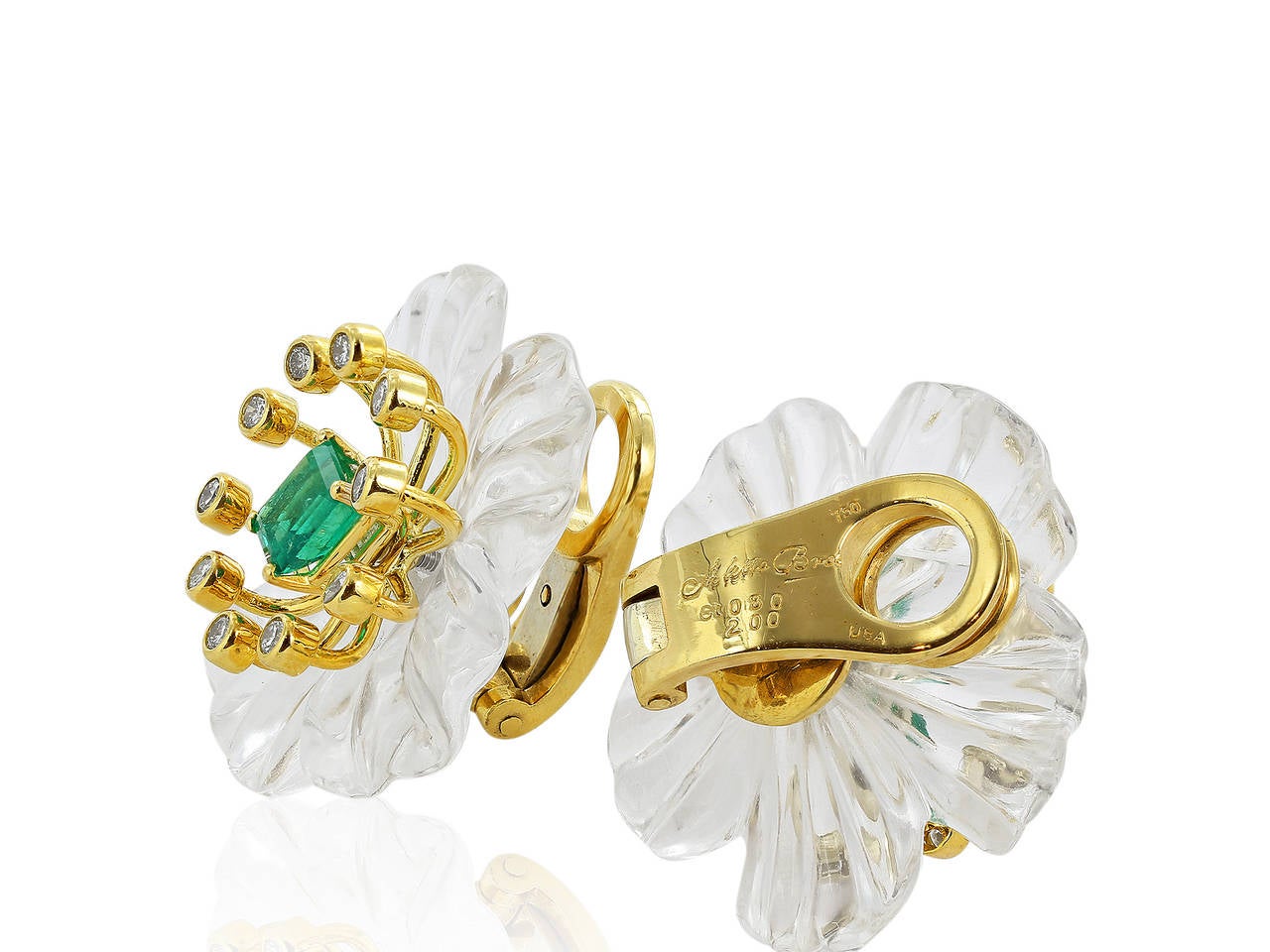 18 karat yellow gold carved crystal floral motif earrings consisting of 2 emerald cut emerald having a total weight if 2.00 carats total weight set with 20 bezel set round brilliant cut diamonds having a total weight of .80 carats, signed Aletto