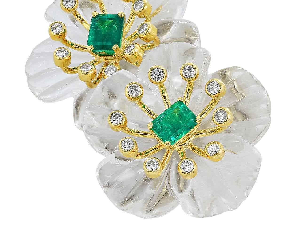 Contemporary Crystal Emerald Diamond Gold Floral Earrings