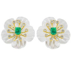Crystal Emerald Diamond Gold Floral Earrings