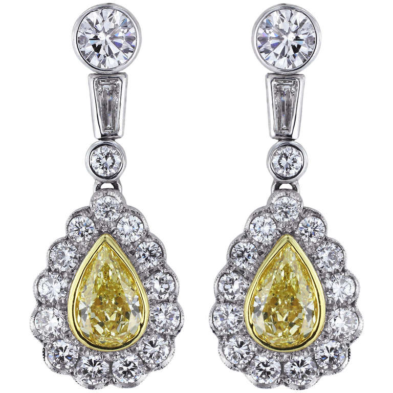 2.24 Carat Canary Diamond Pear Shaped Drop Earrings