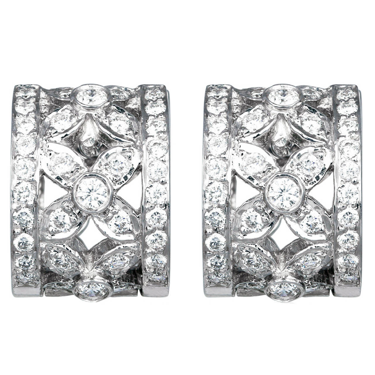 Diamond Gold Floral Pattern Wide Huggie Earrings For Sale