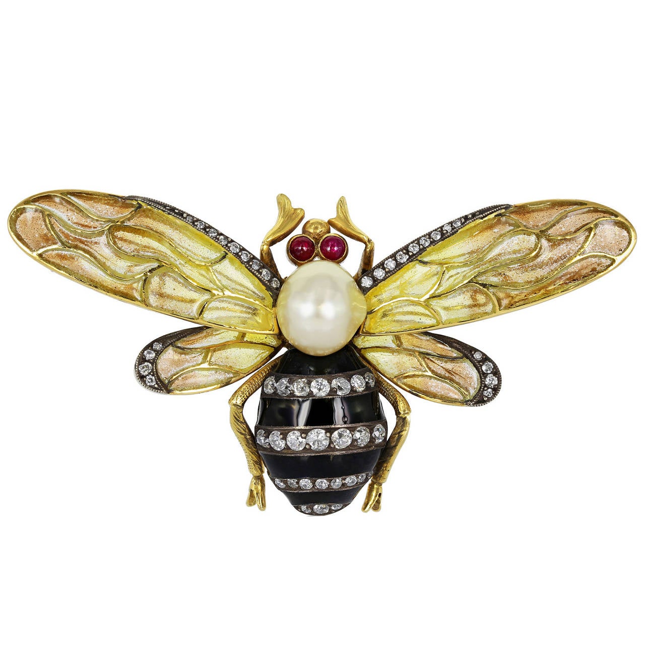 Pliqueàjour Pearl Diamond Gold Bumble Bee Brooch For Sale at 1stDibs