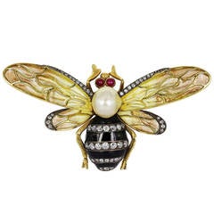 Plique-à-jour Pearl Diamond Gold Bumble Bee Brooch