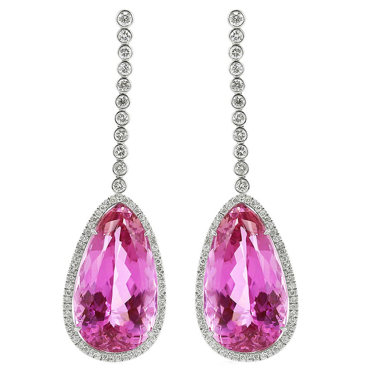 30 Carat Kunzite Diamond Platinum Dangle Earrings For Sale