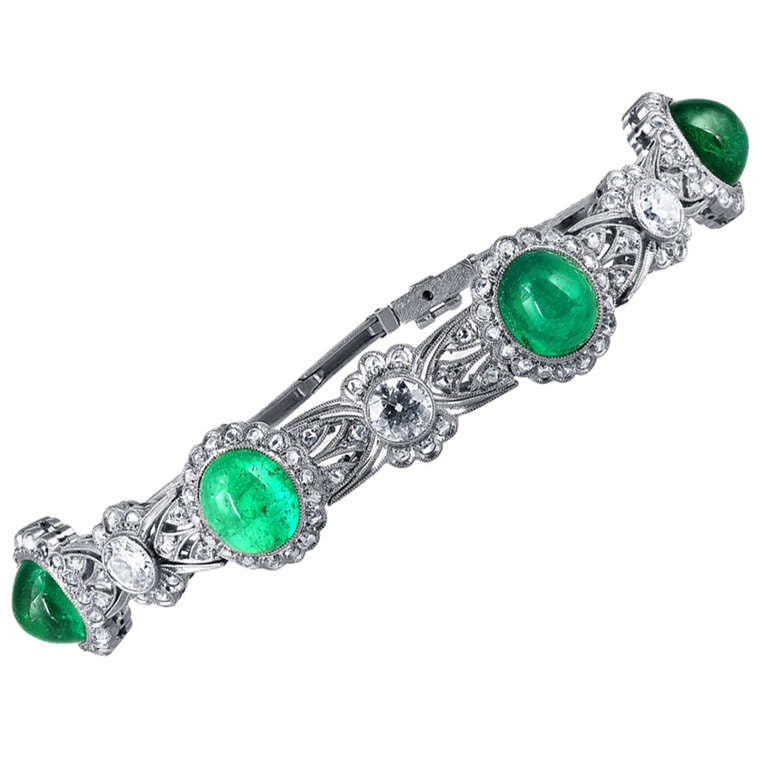 Edwardian Cabochon Emerald Diamond Platinum Bracelet For Sale