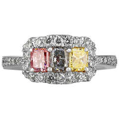 Three Stone Fancy Multi Colored Diamond Gold Ring