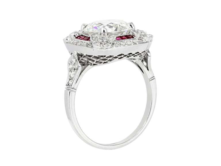 2.96 Carat Old Mine Cut Diamond Ruby Halo Platinum Ring In Excellent Condition In Chestnut Hill, MA