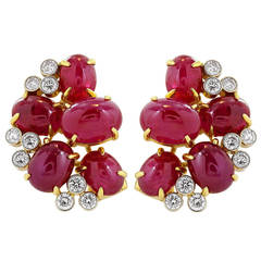 27 Carat Ruby Diamond Two Color Gold Cluster Earrings