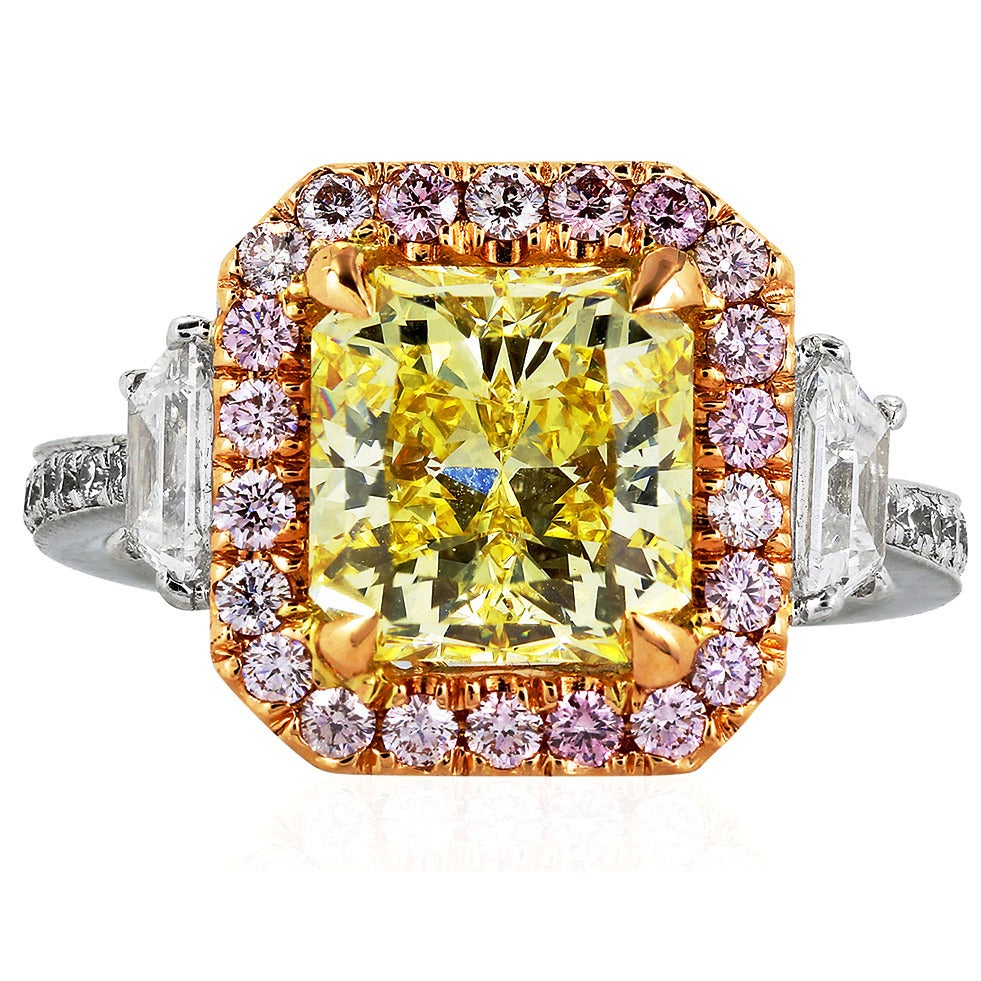 3.02 Carat GIA Certified Fancy Intense Yellow and Pink Diamond Engagement Ring For Sale