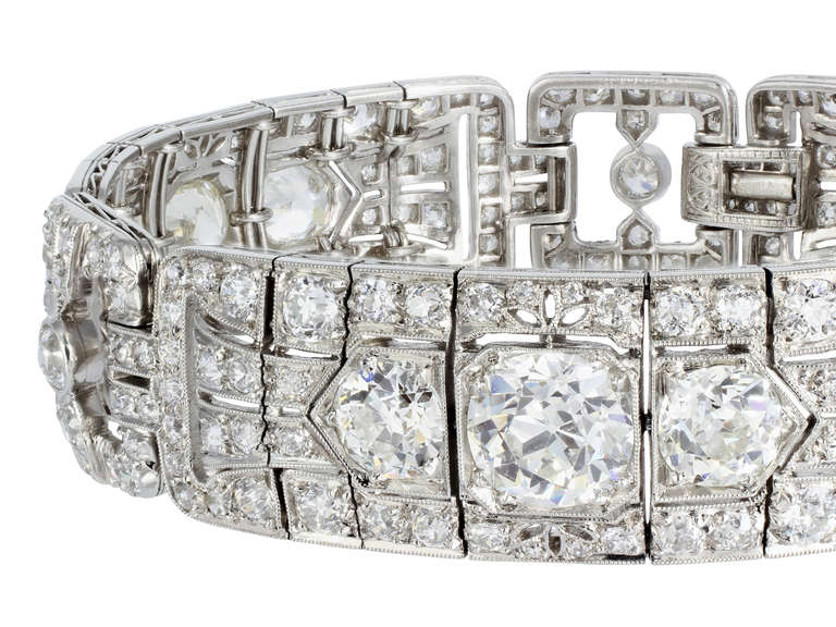 Platinum Art Deco flexible bracelet consisting of approximately 16.00 carats total weight of Old European cut diamonds, center stone weigh approximately 2.00ct.