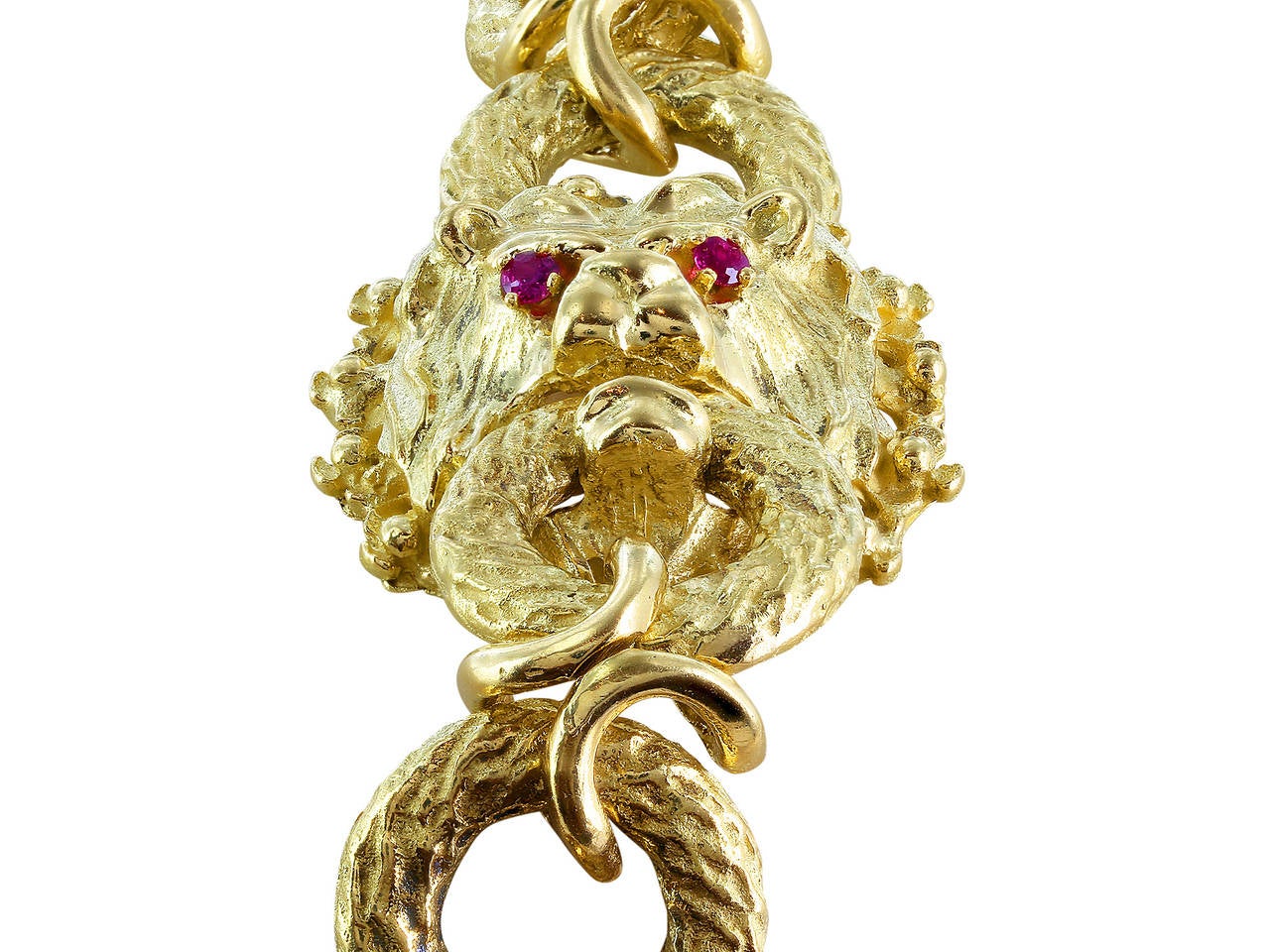 18 karat yellow gold 30 inch open link estate necklace accents with four lions heads with ruby eyes.