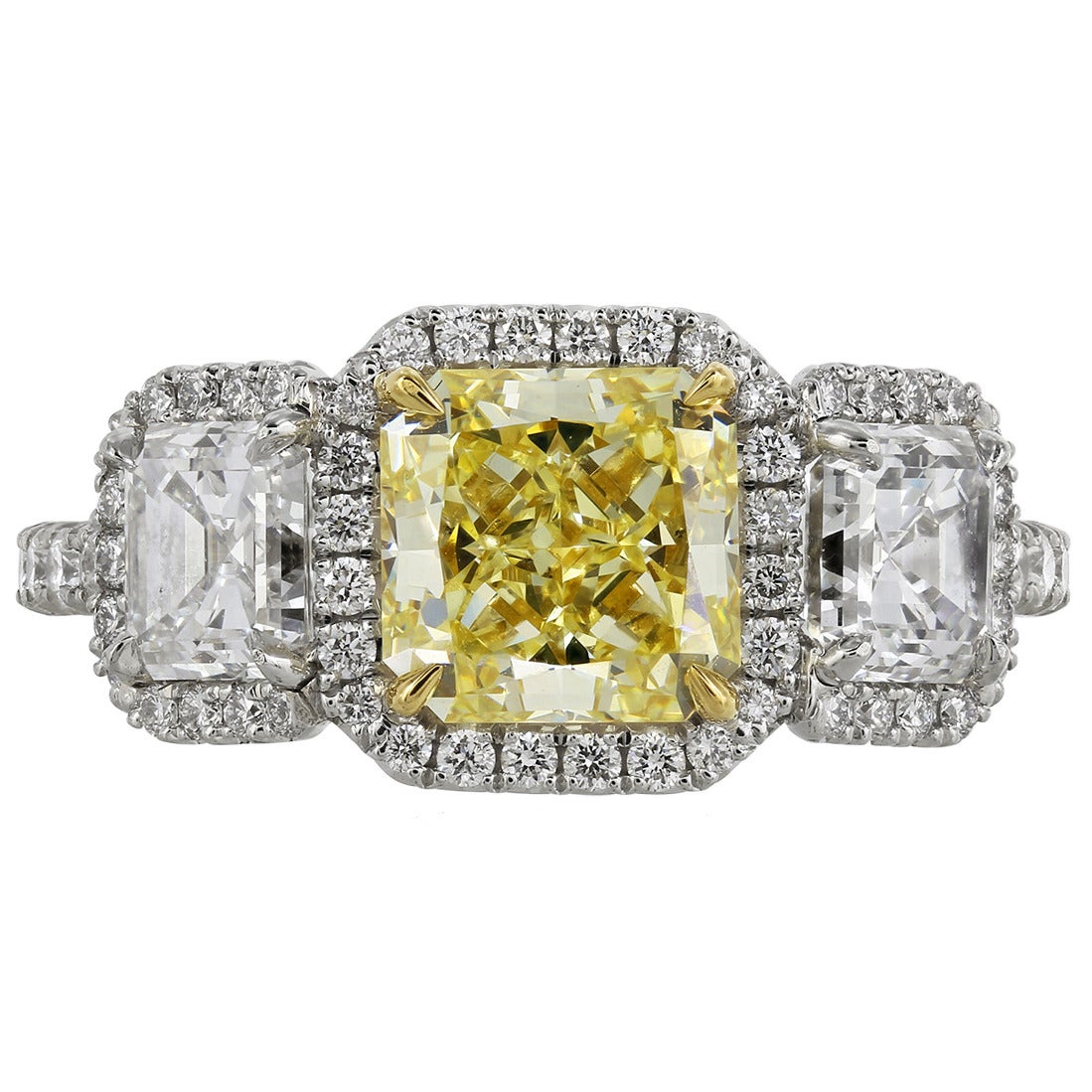 1.87 Carat GIA Certified Fancy Yellow Diamond Platinum Engagement Ring For Sale