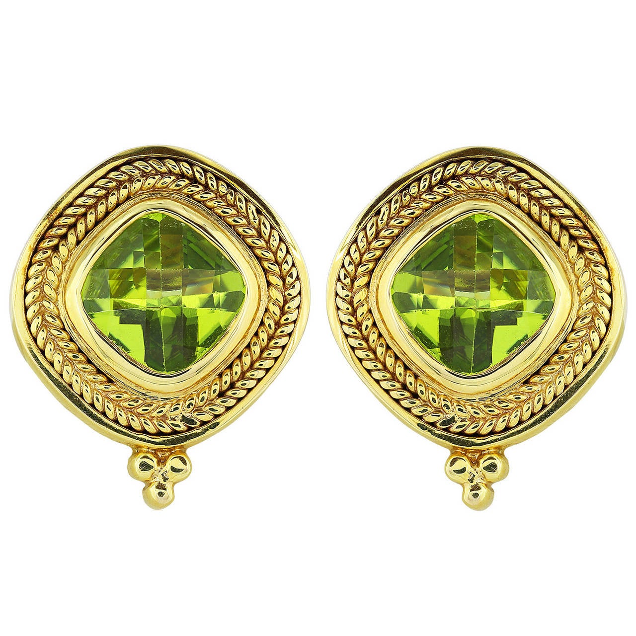 Cushion Cut Peridot Gold Byzantine Style Earrings