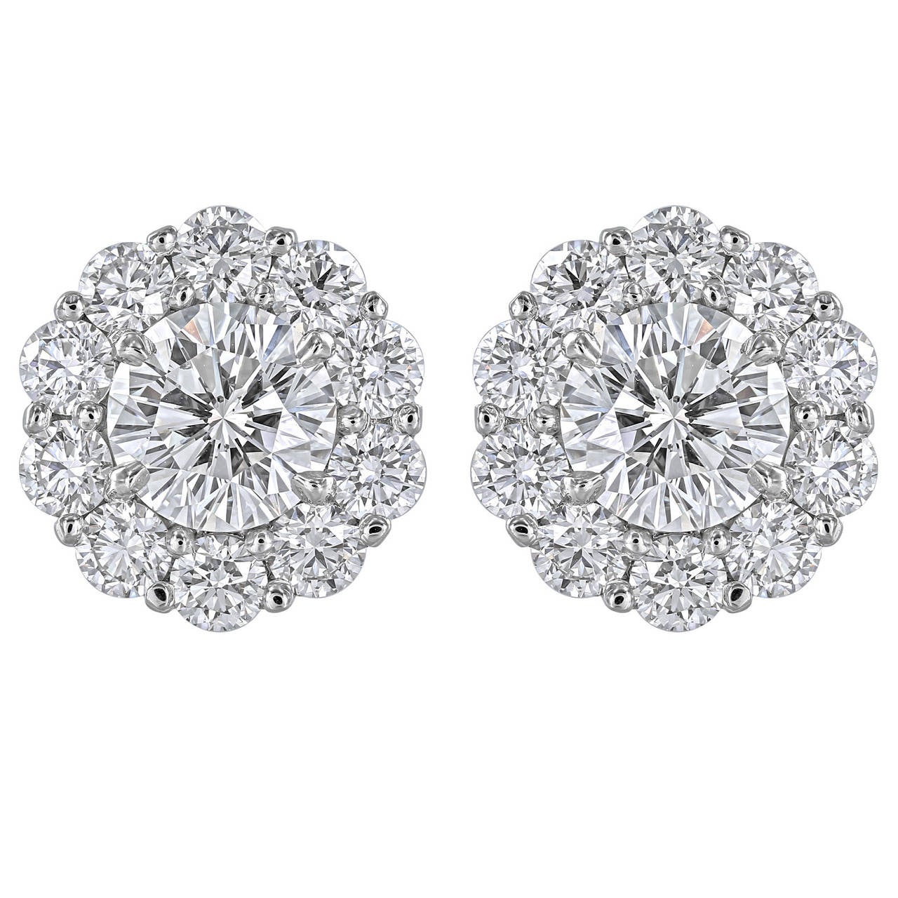 2.40 Carat Round Brilliant GIA Cert Diamond Platinum Cluster Earrings For Sale