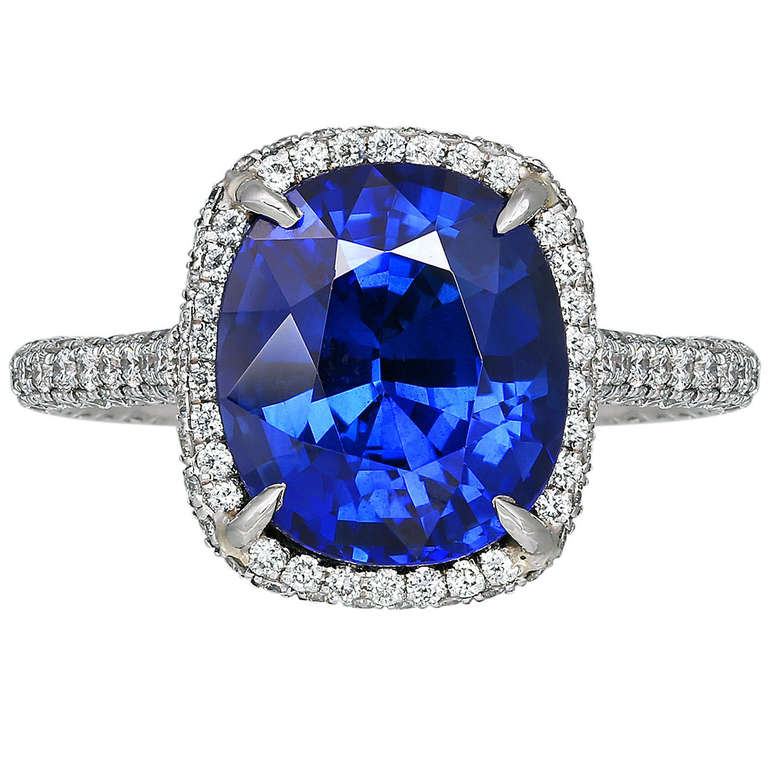 6.24 Carat Cushion Cut Sapphire and Diamond Ring For Sale at 1stdibs